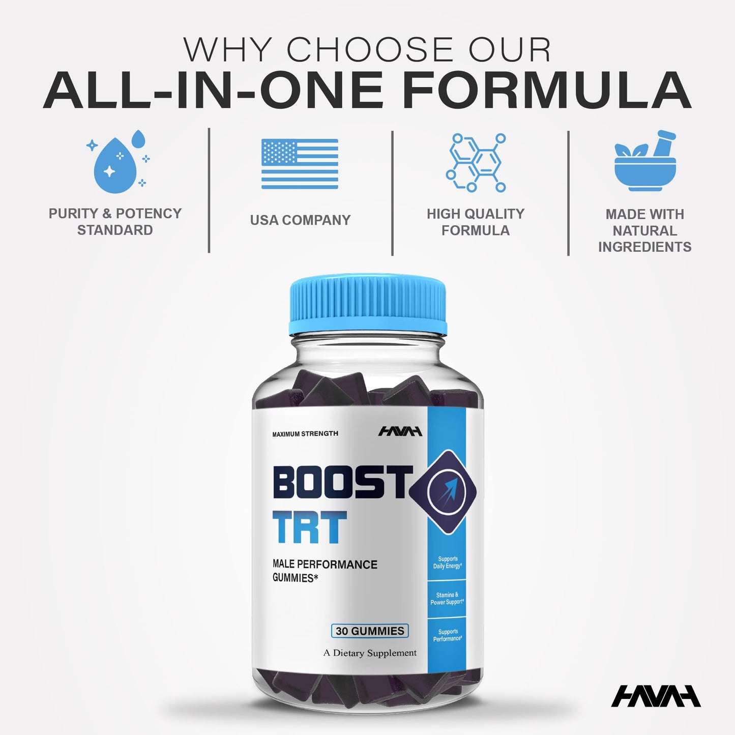 Havah Boost TRT Maximum Strength Performance Gummies, Shilajit Multivitamin Supplement, 30 Count