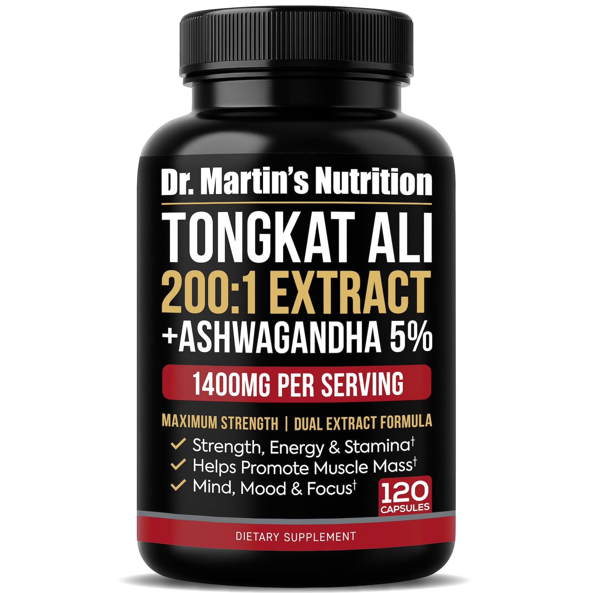 DR. MARTIN'S NUTRITION Tongkat Ali 200:1 Extract + Ashwagandha 5% Withanolides, 120 Capsules