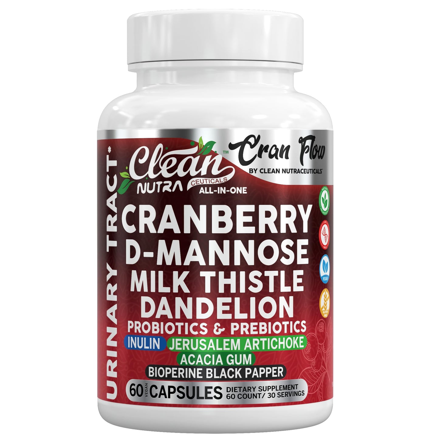 Clean Nutraceuticals Cran Flow Cranberry Capsules for Urinary Health with D-Mannose, Milk Thistle, Dandelion, Inulin, Vitamin C, Prebiotics & Probiotics Bladder Support, 60 Count