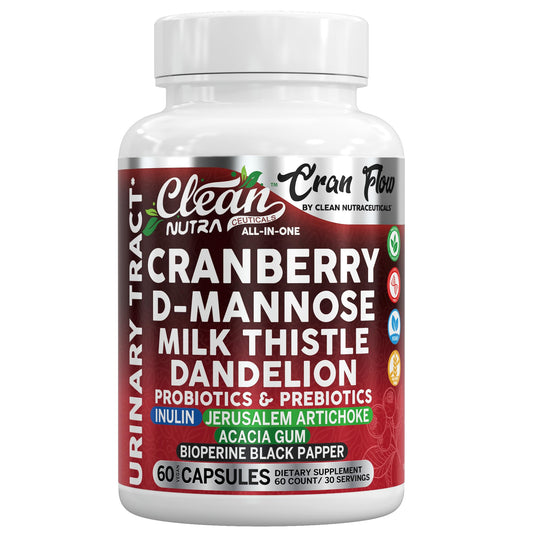 Clean Nutraceuticals Cran Flow Cranberry Capsules for Urinary Health with D-Mannose, Milk Thistle, Dandelion, Inulin, Vitamin C, Prebiotics & Probiotics Bladder Support, 60 Count