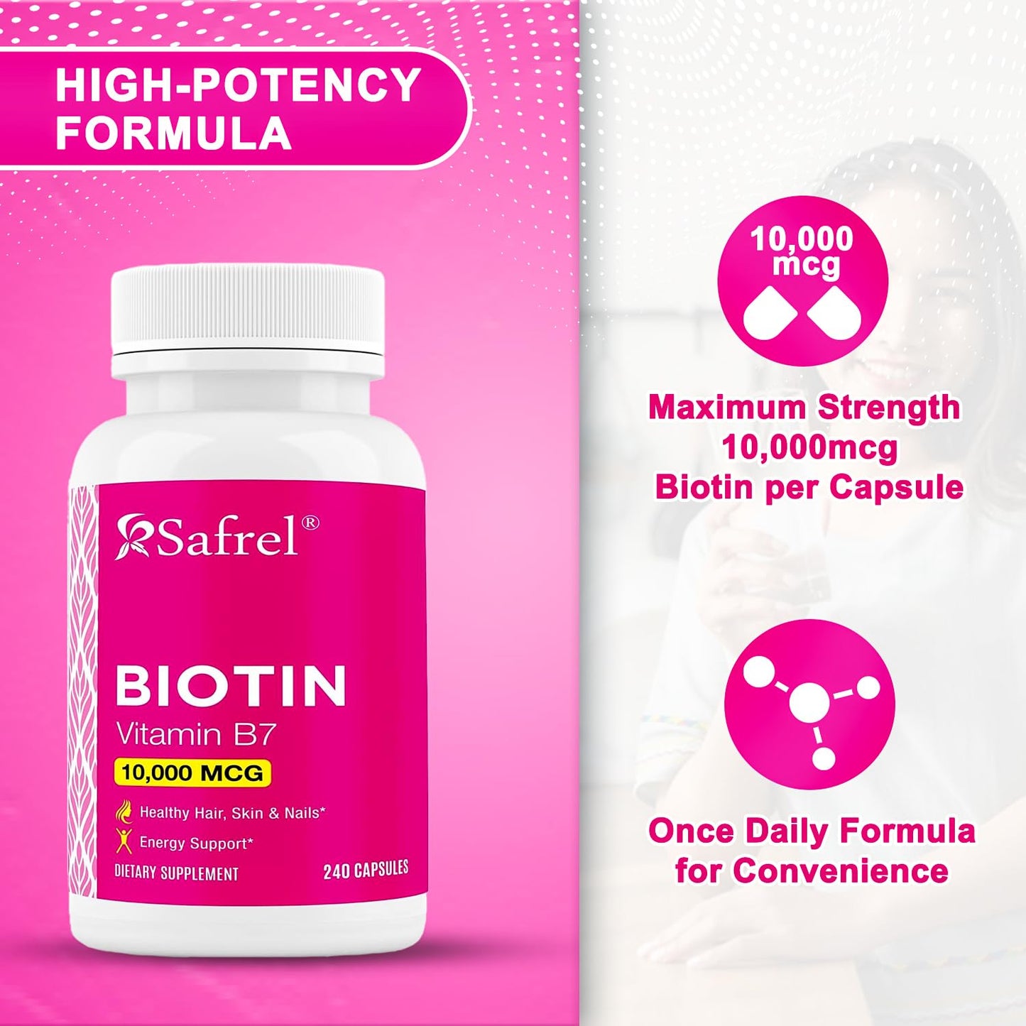Safrel Biotin (Vitamin B7) 10,000mcg (10mg) Vitamin Supplement, 240 Capsules