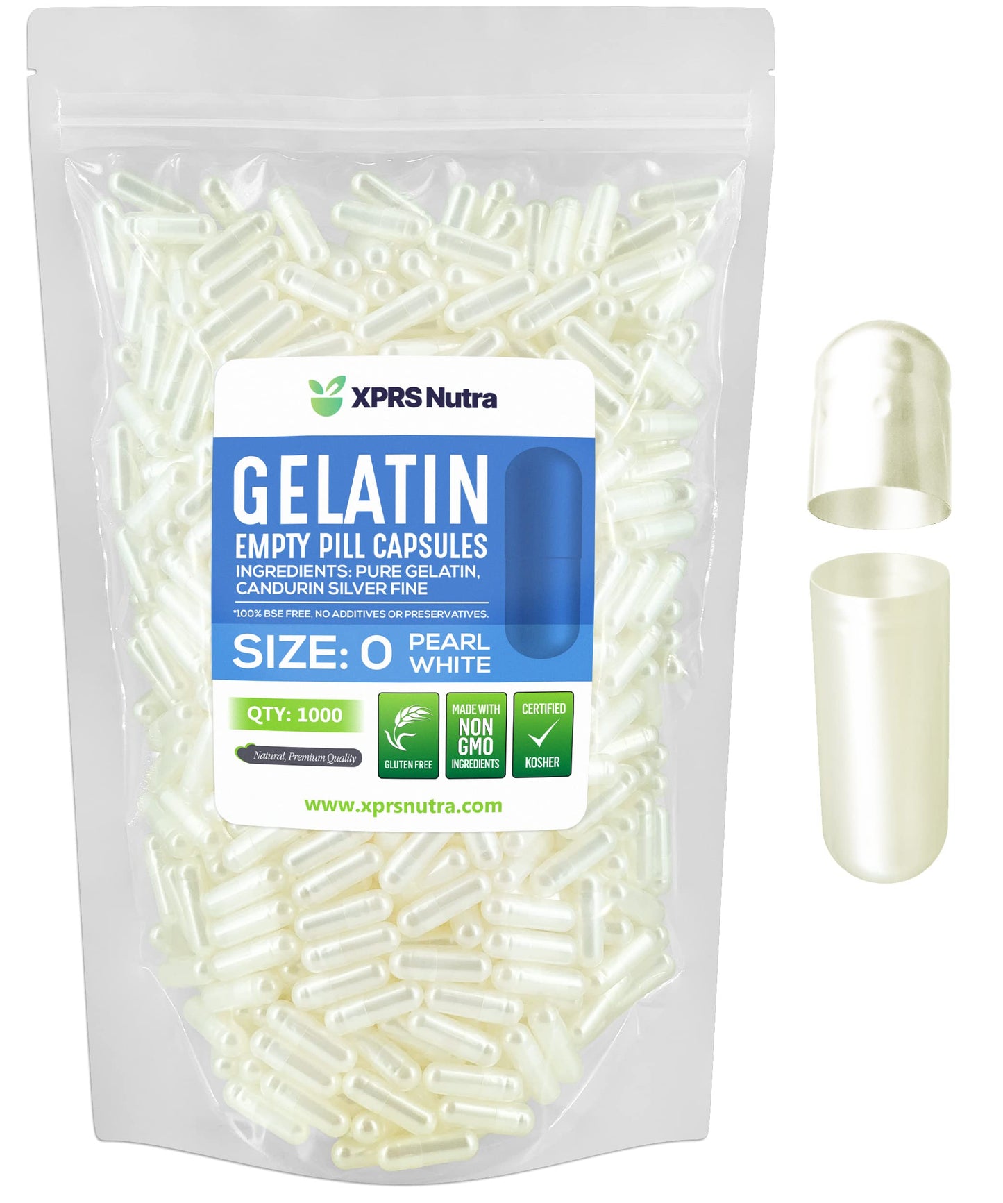XPRS Nutra Empty Gelatin Capsules, 1000 Count, Size 0, Pearl White