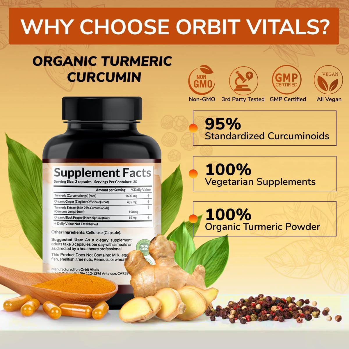 Orbit Vitals Turmeric Curcumin with Black Pepper & Ginger Capsules 90 Count