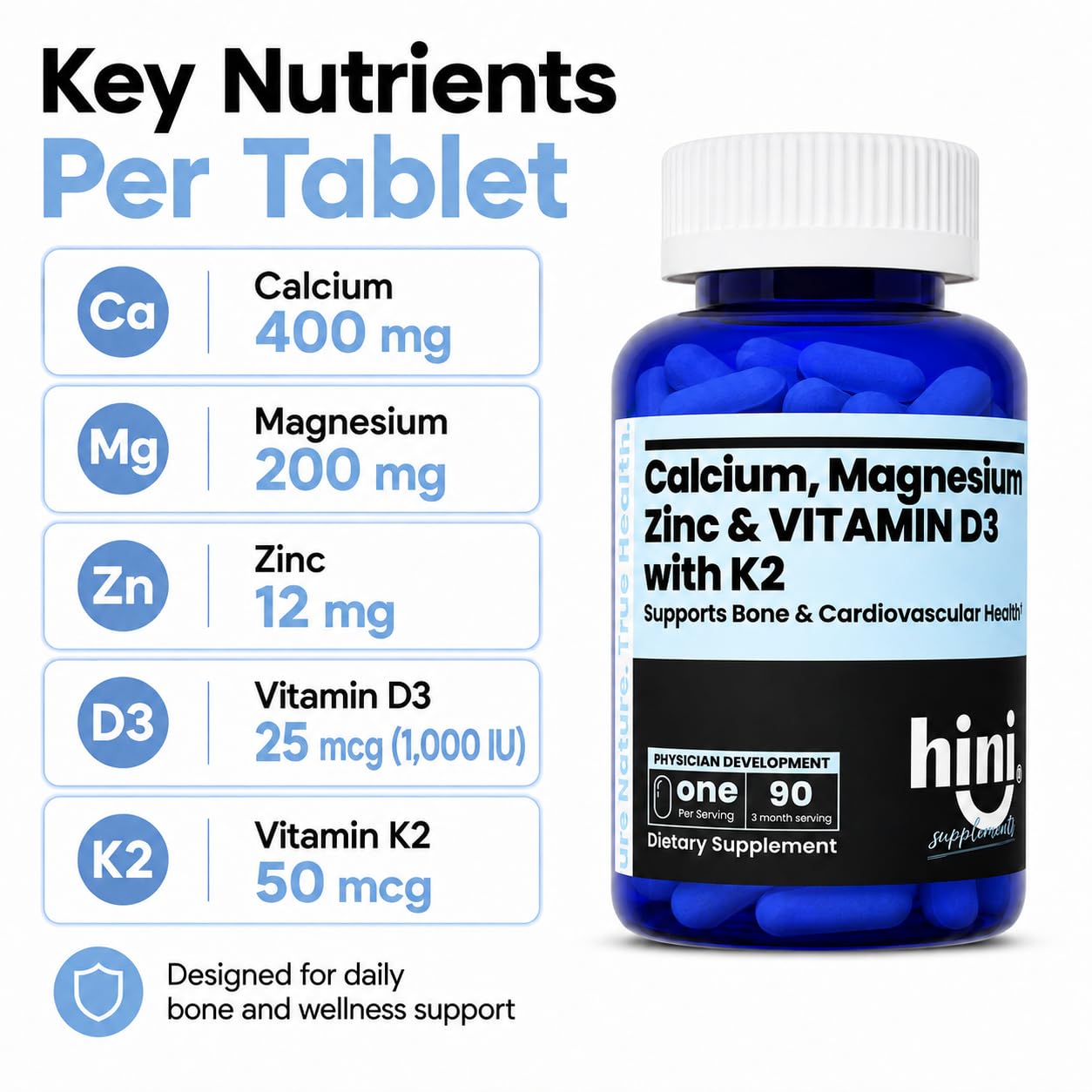 HINI Calcium Magnesium Zinc Supplement with Vitamin D3 & K2 MK-7 Tablets, 90 Tablets