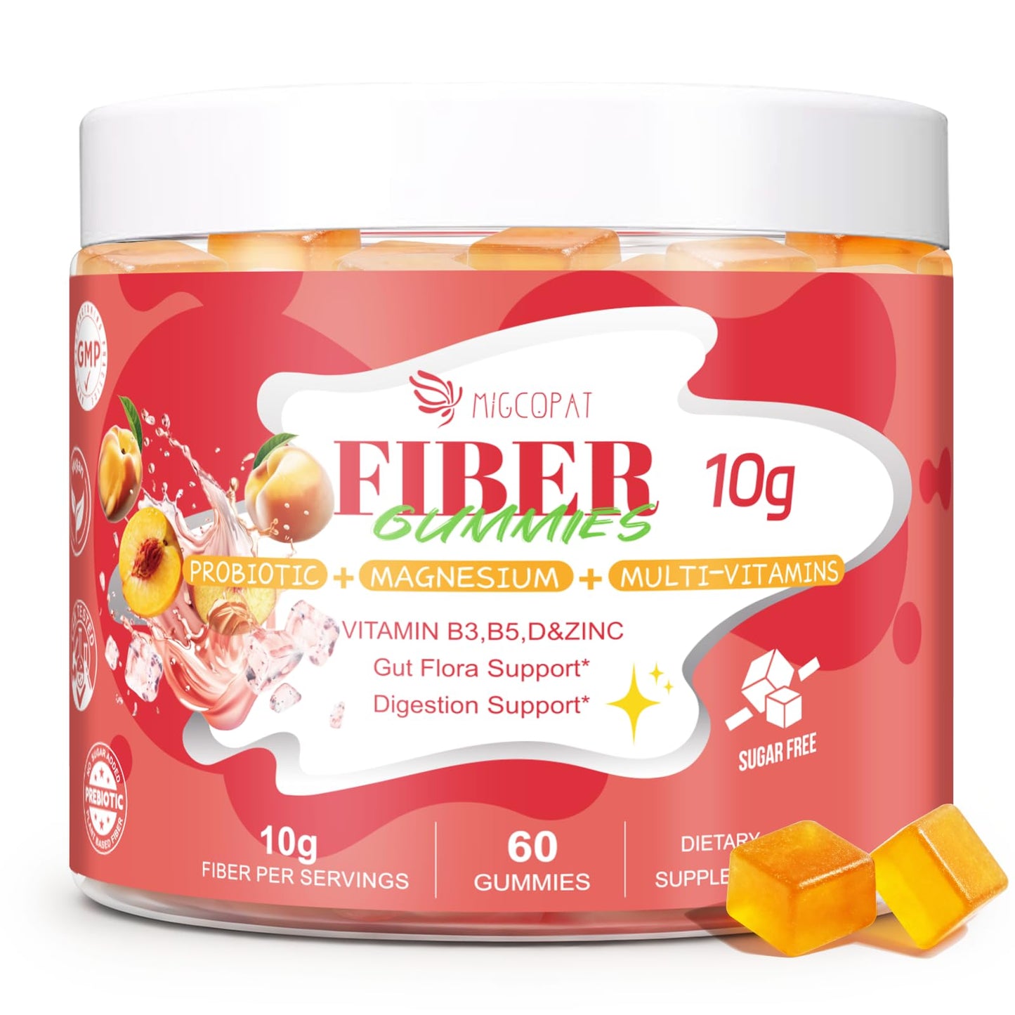 Migcopat 10G Fiber Gummies with Probiotics & ACV, No Sugar, 60 Count