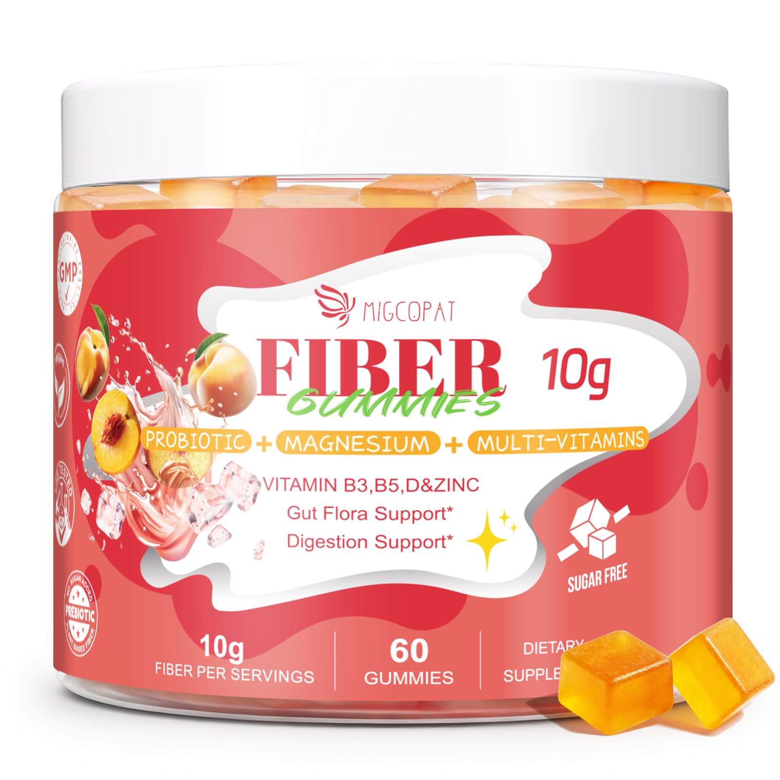 Migcopat 10G Fiber Gummies with Probiotics & ACV, No Sugar, 60 Count
