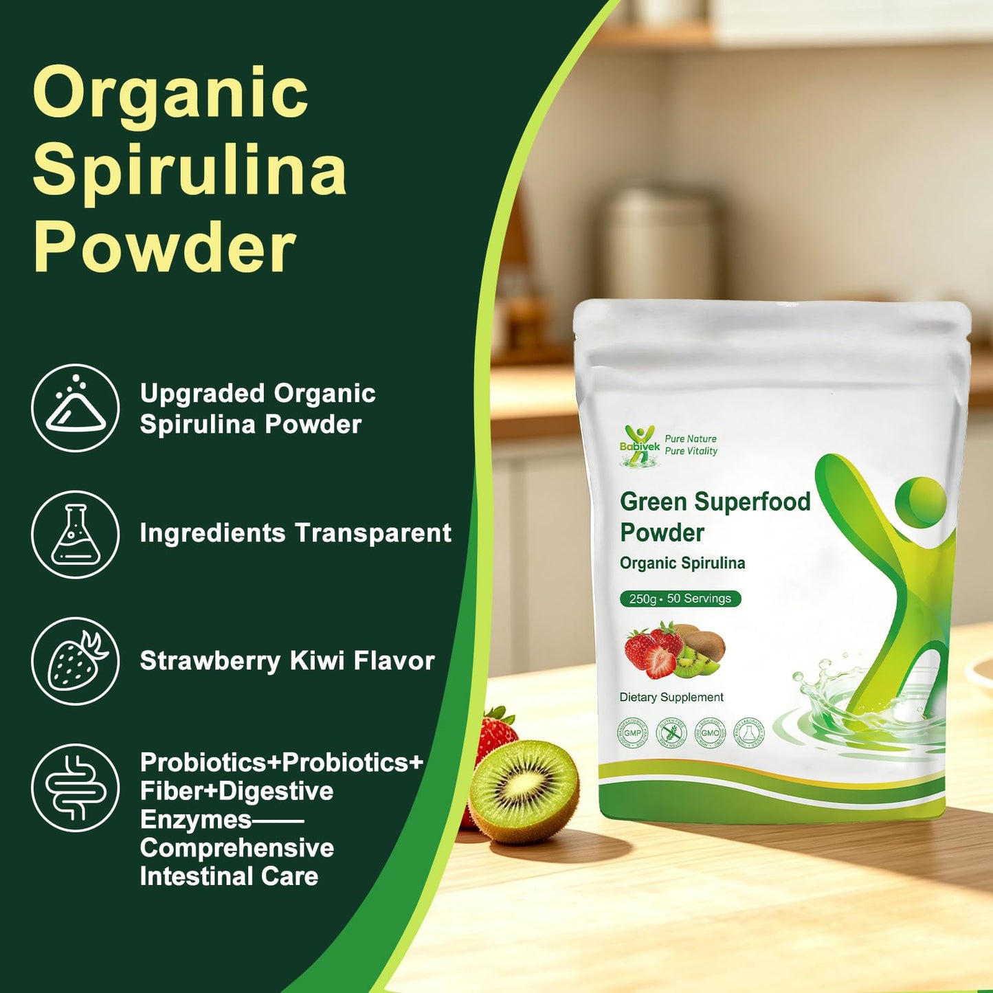 Babivek Spirulina Powder USDA Organic Strawberry Kiwi Flavor Super Green Superfood, 8.82 Ounce