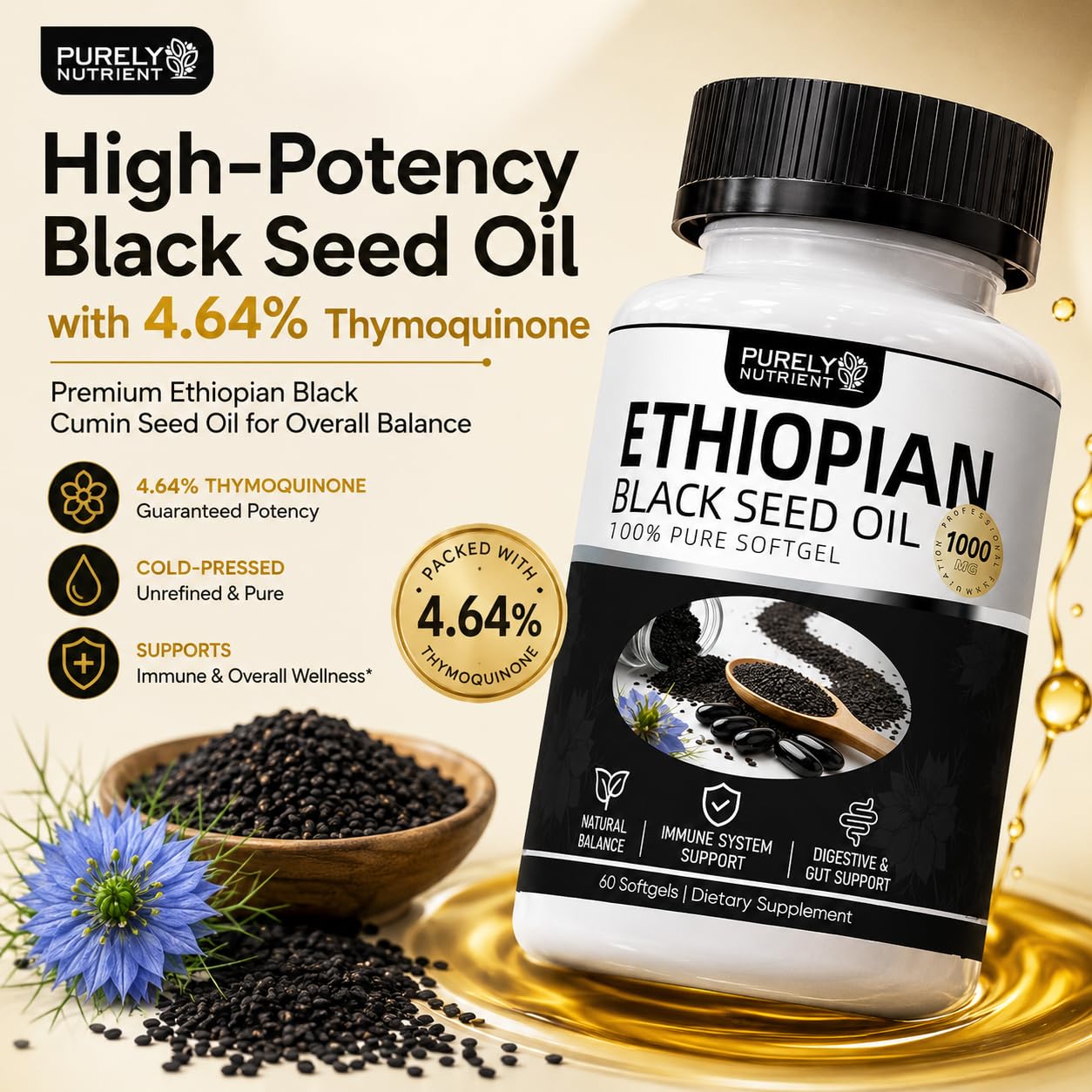 Perfexin Purely Nutrient Ethiopian Black Seed Oil Softgels, 60 Count