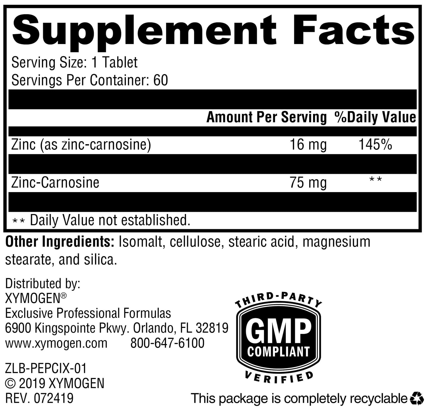 XYMOGEN PepciX 75mg Zinc L-Carnosine Tablet, 60 Tablets