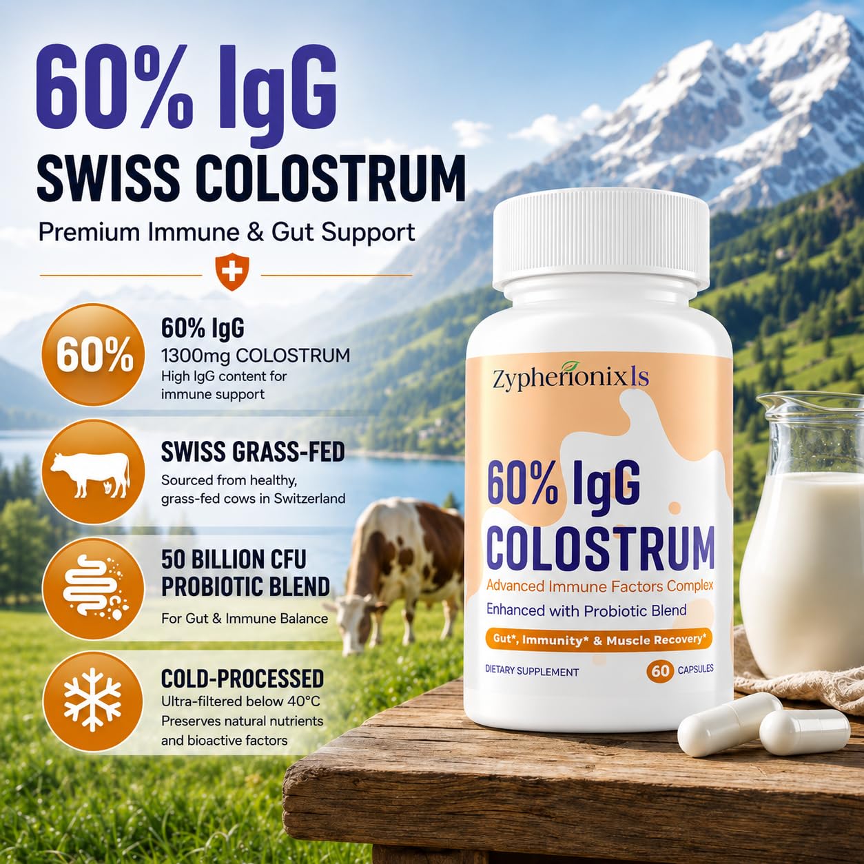 Zypherionixls Bovine Colostrum Supplement 1300mg, 60% IgG with Lactoferrin & 50B CFU Probiotics, Swiss Grass-Fed Colostrum Capsules, 60 Capsules