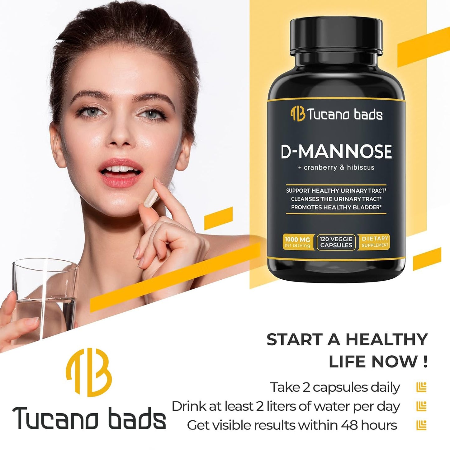 Tucano Bads D-Mannose 1000mg Capsules with Cranberry and Hibiscus for Urinary Tract Support, 1 Count