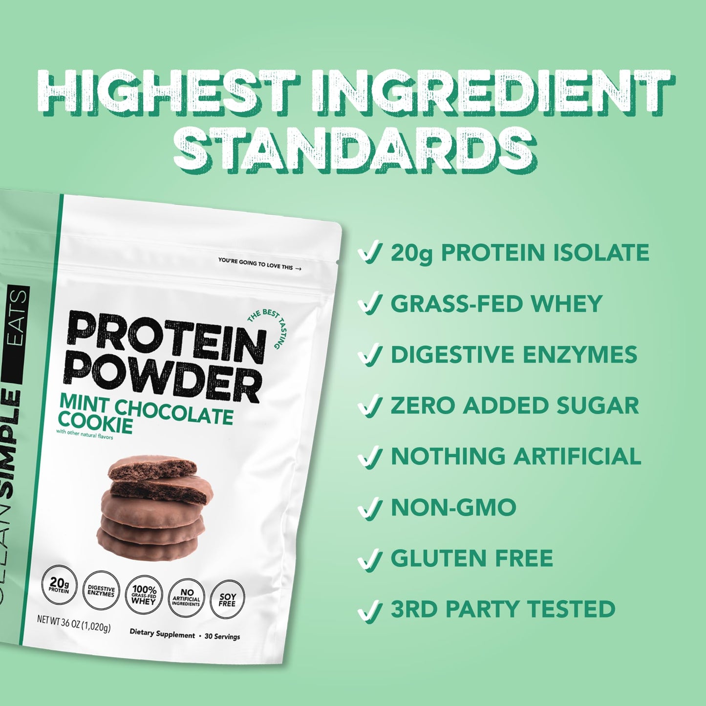 Clean Simple Eats Whey Isolate Protein Powder, Mint Chocolate Cookie, 36 Servings