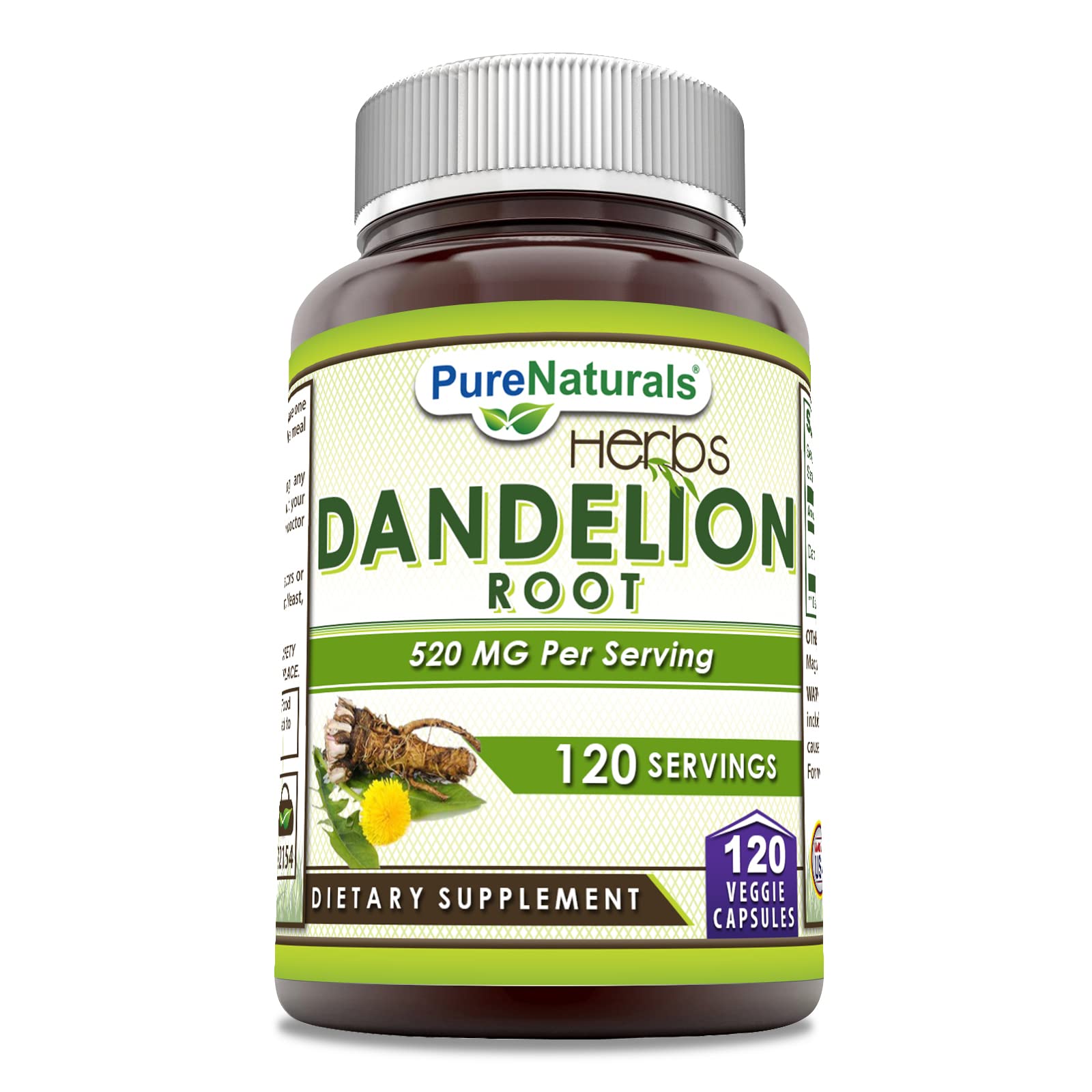 Pure Naturals Dandelion Root 520 mg Per Serving 120 Veggie Capsules