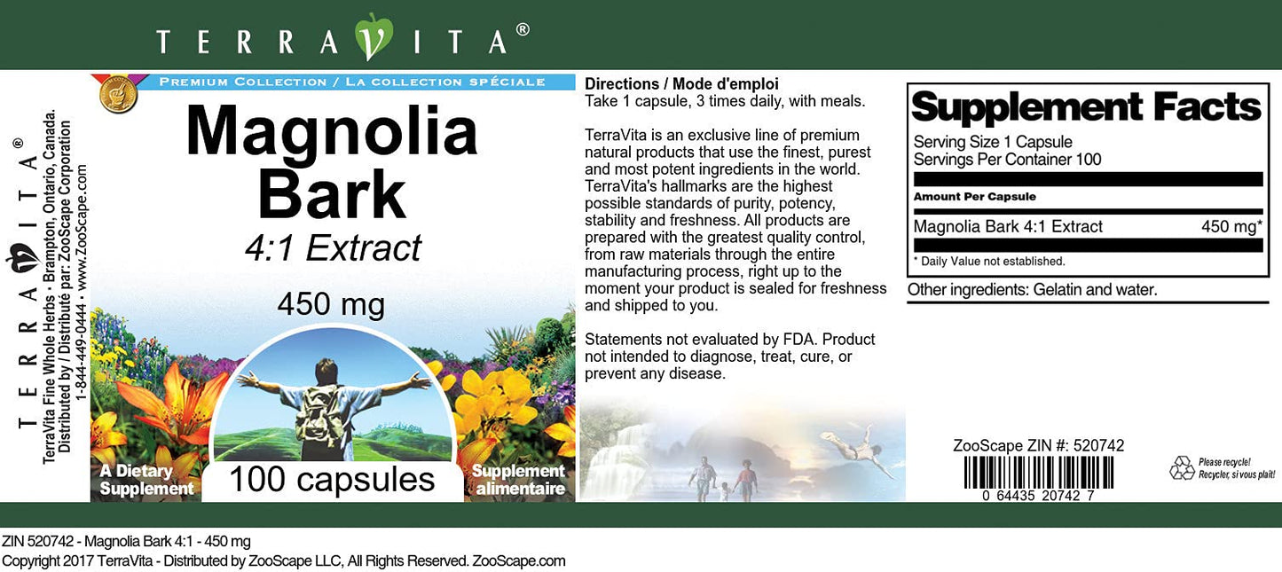 Terravita Magnolia Bark 4:1-450 mg Capsules, 300 Capsules