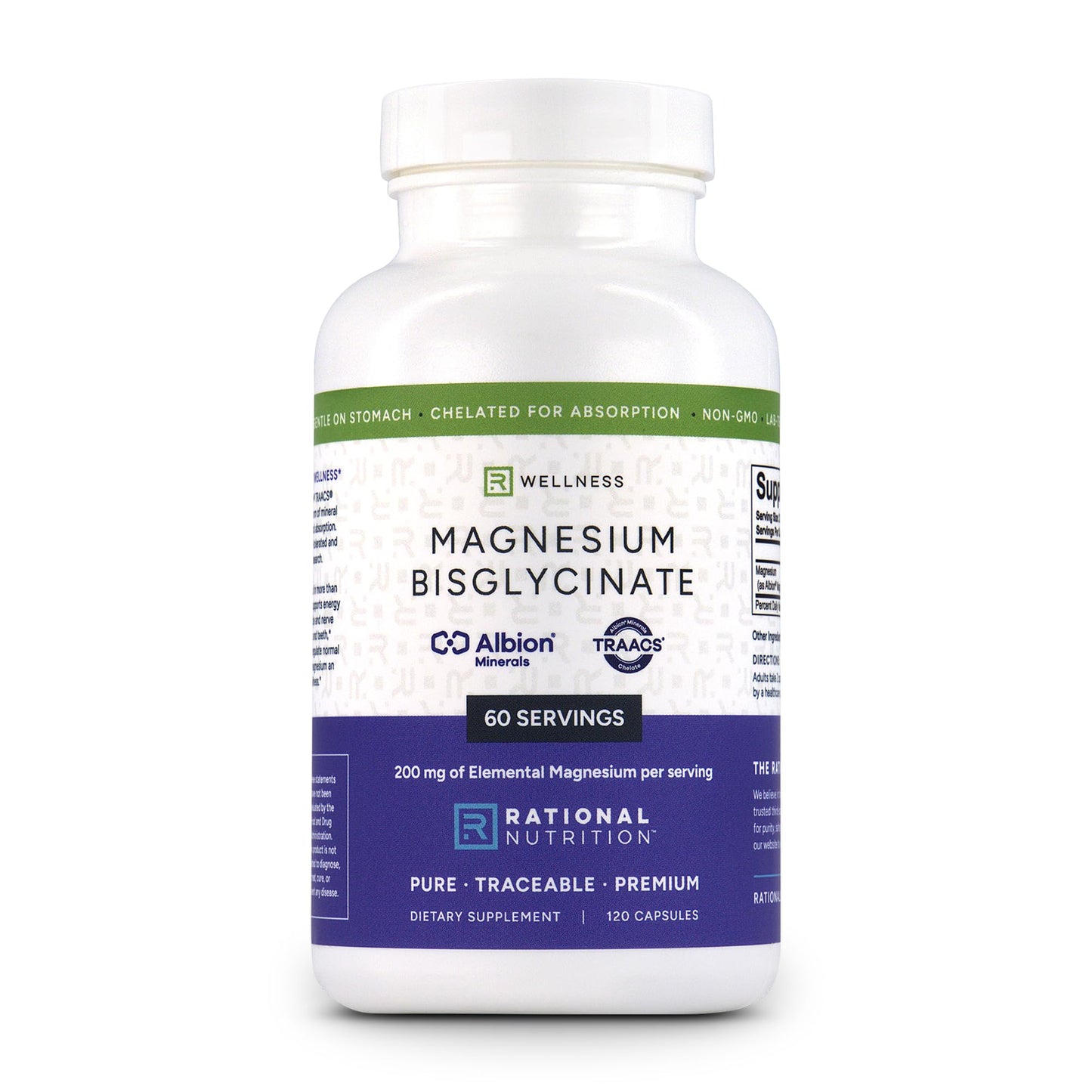 Rational Nutrition Magnesium Bisglycinate Chelate 200mg Elemental per Serving Capsules, 120 Count
