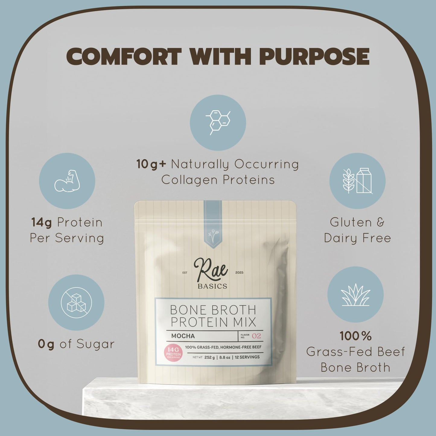 Rae Basics Bone Broth Hot Chocolate Protein Powder Starter, Bold Mocha, 12 Servings