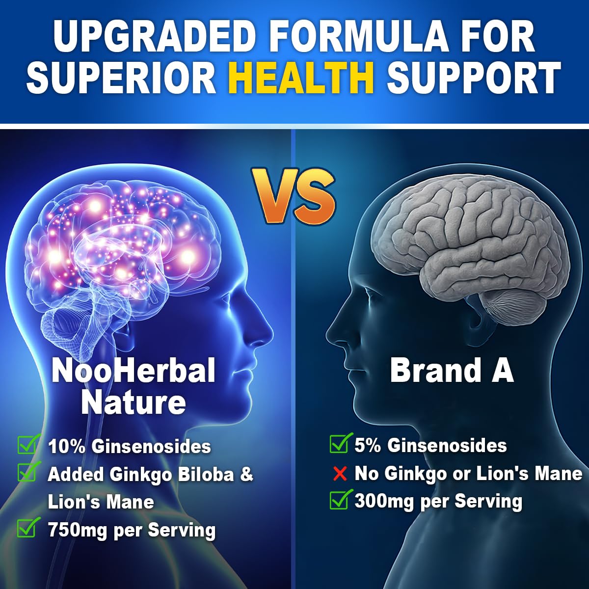 NooHerbal Nature Panax Ginseng (10% Ginsenosides), Ginkgo Biloba & Lions Mane - 750mg Nootropic Brain Support, 90 Capsules