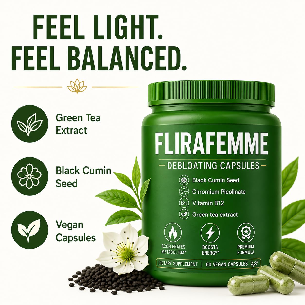Voluglow Flira Femme Debloating Capsules with Green Tea Extract, Black Cumin Seed, Chromium & Vitamin B12 – 60 Capsules