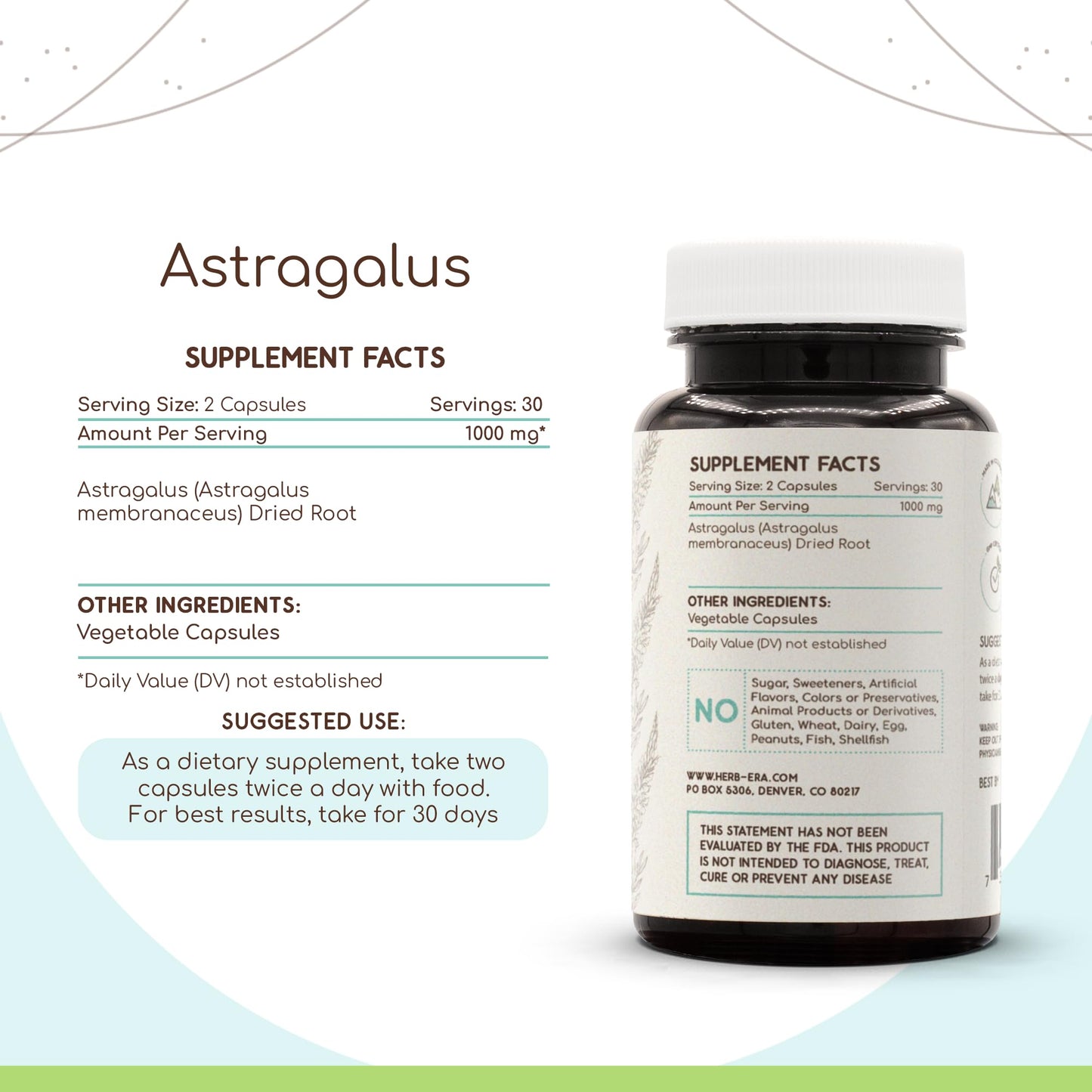 HerbEra Astragalus 500 mg Capsules, 60 Count