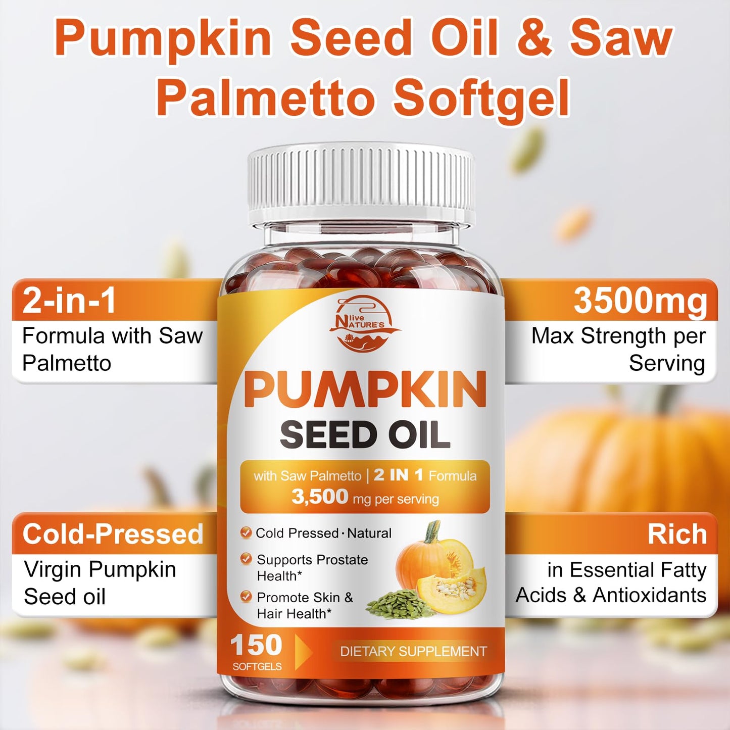 Nature's live Pumpkin Seed Oil with Saw Palmetto Softgels, 150 Count