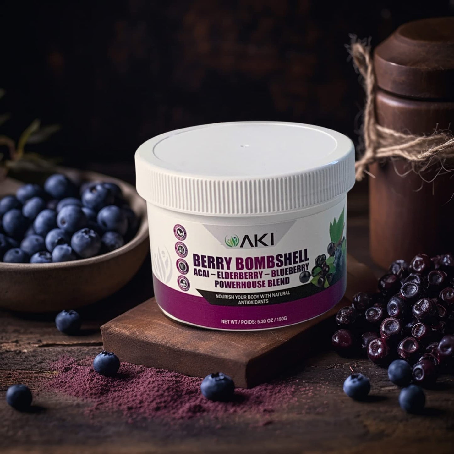 AKI ORGANIC Berry Bombshell Acai, Elderberry & Blueberry Blend Powder 5.2911