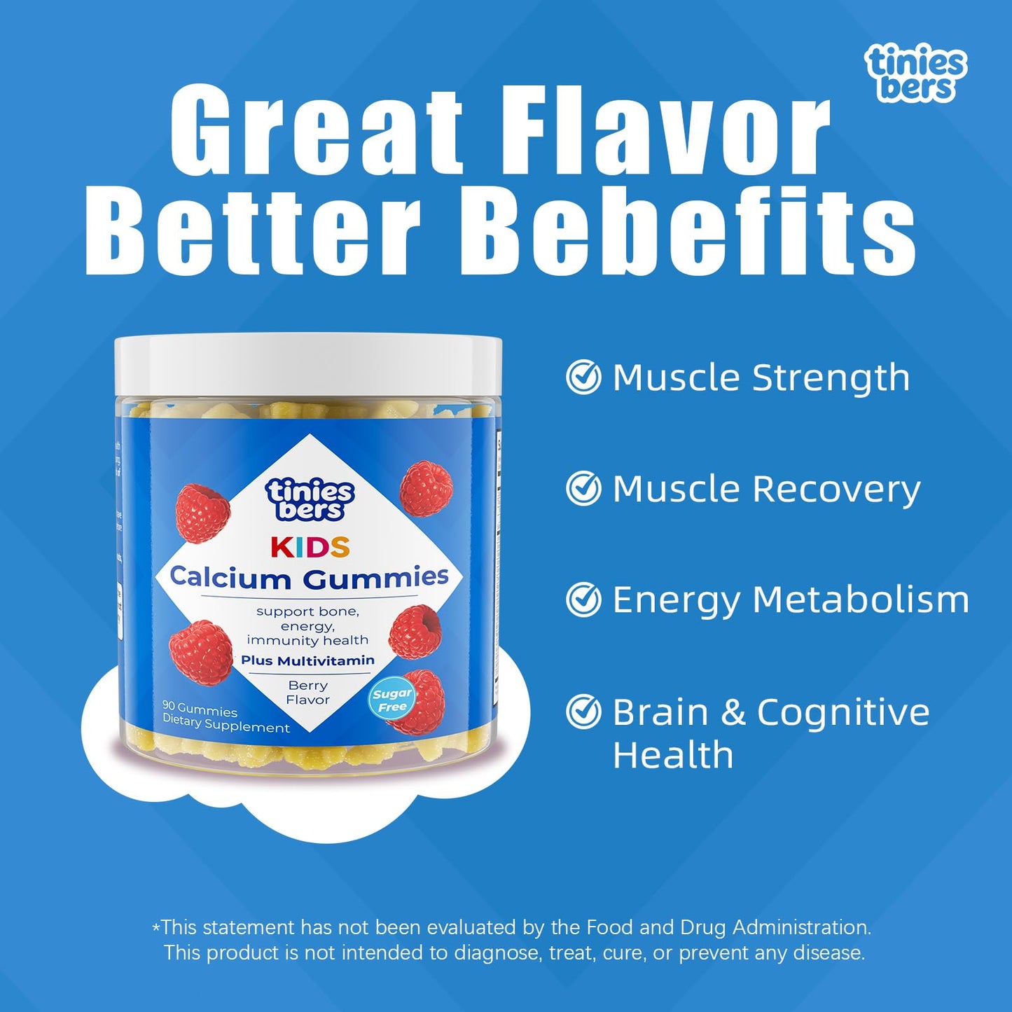 Tinies bers Creatine Gummies for Kids & Teens, 1g Creatine with Multivitamins, Methyl B12, Support Daily Growth, Muscle, Energy, Brain & Immune Health, Vegan, Pectin, Strawberry, Sugar Free, Gummy, 90