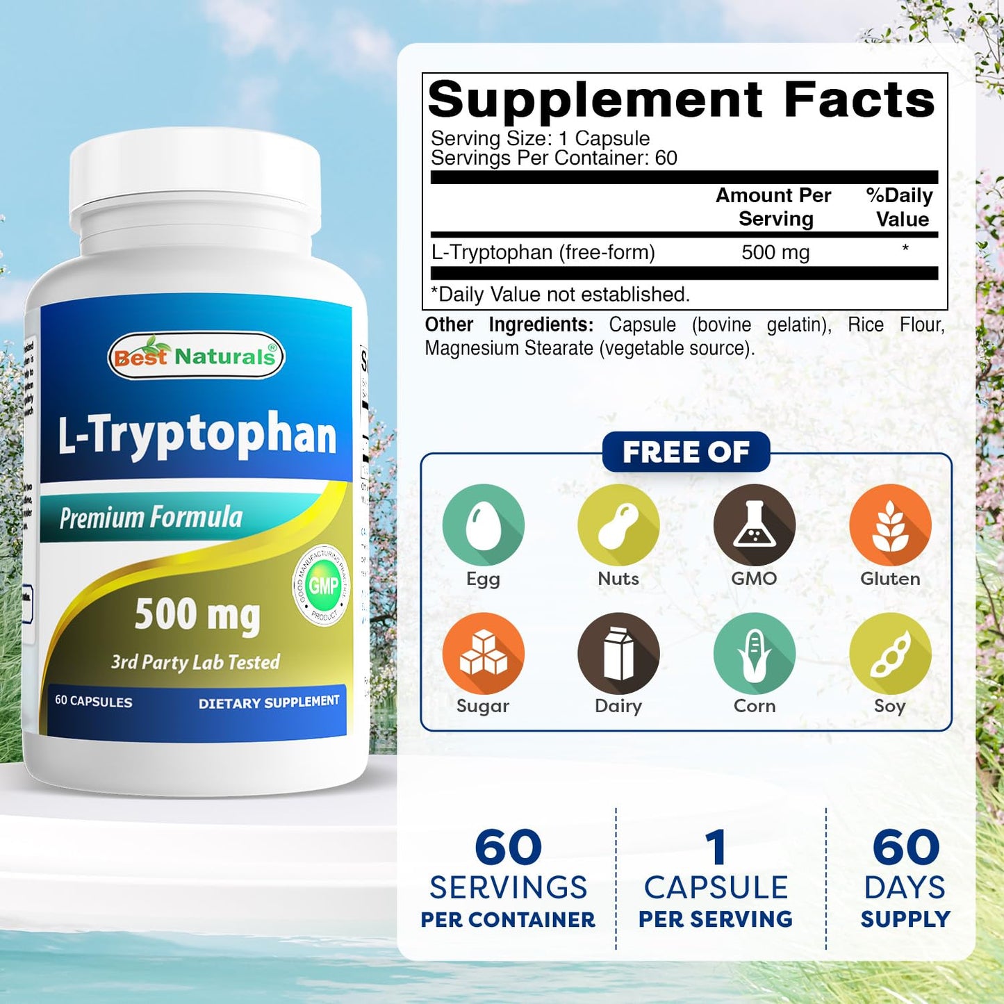 Best Naturals L-Tryptophan 500 mg Capsules, 120 Count