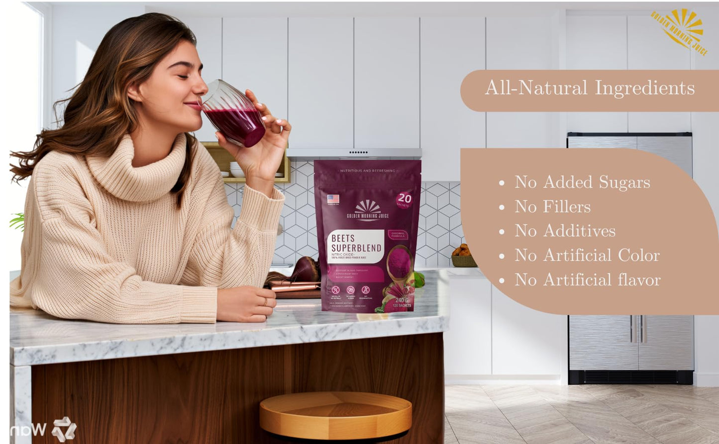 Golden Morning Juice Beets Superfoods Blended Powder Juice: Nitric Oxide Booster & Energy Blend | Beetroot Pomegranate Powder to Extend NO & Blood Flow | No Added Sugar, Freeze-Dried 8.5 Ounce