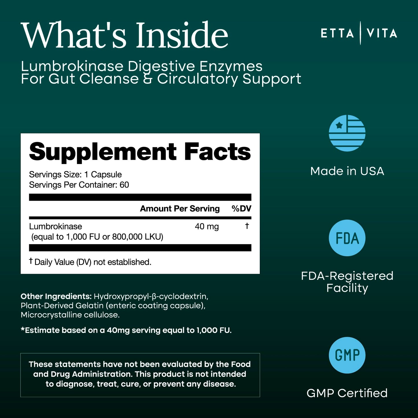 Etta Vita Lumbrokinase 40mg/Serving (Max Activity 800,000 Units) Capsule, 60 Count