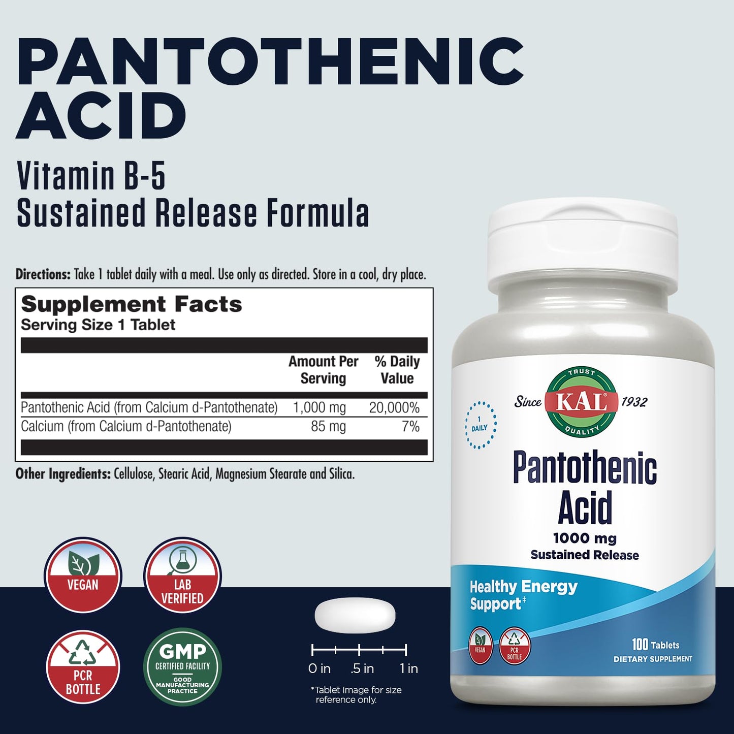 KAL Pantothenic Acid 1000mg Tablet, 100 Tablets