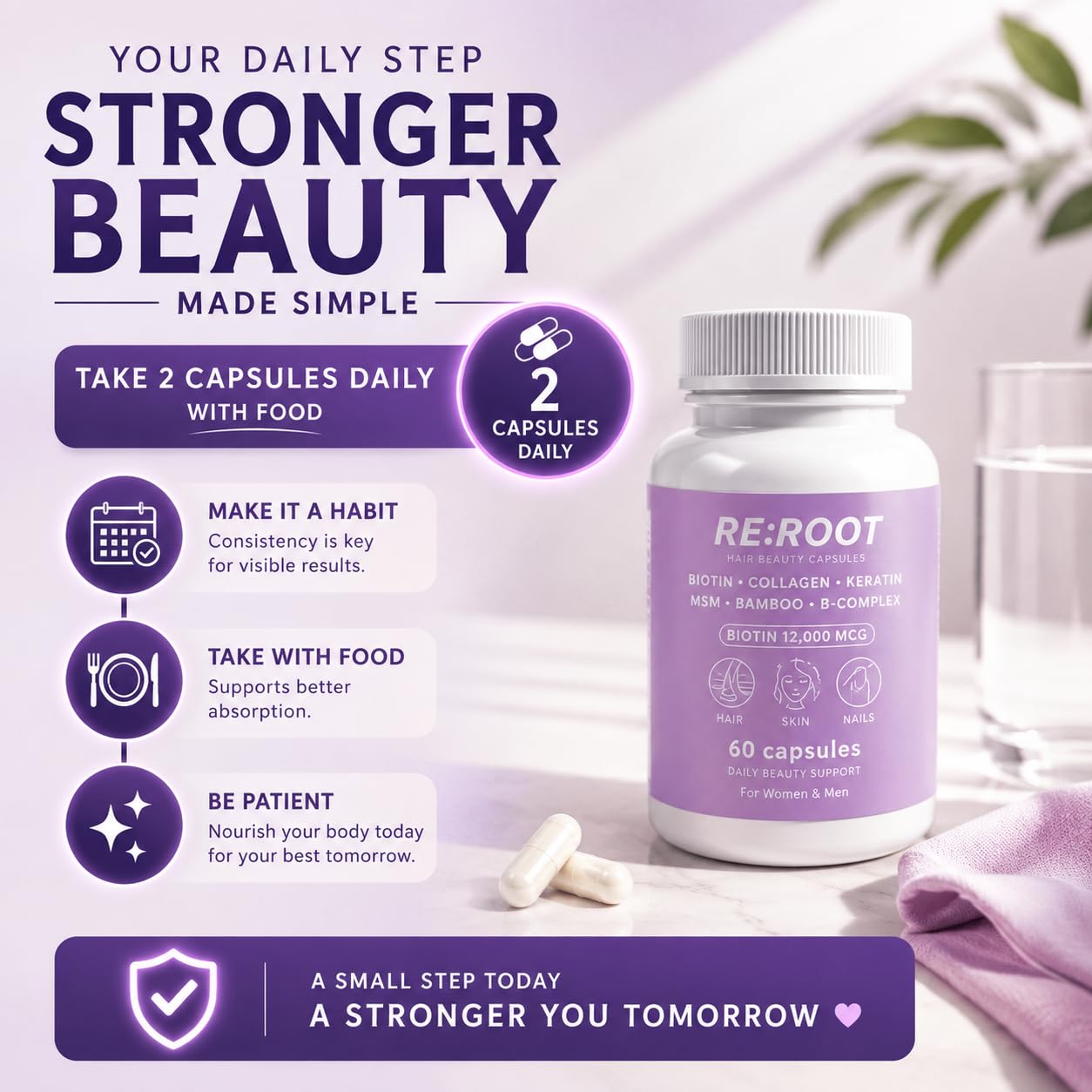 RE:ROOT Hair Growth Supplement – 12,000 mcg Biotin with Collagen, Keratin, MSM & Bamboo – Hair, Skin & Nails Support – 60 Capsules