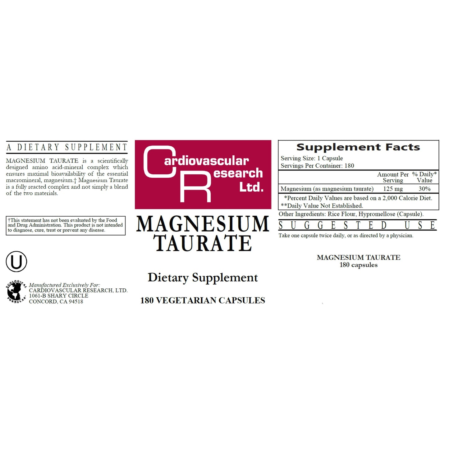 Cardiovascular Research Magnesium Taurate 125 mg Capsules, 180 Count