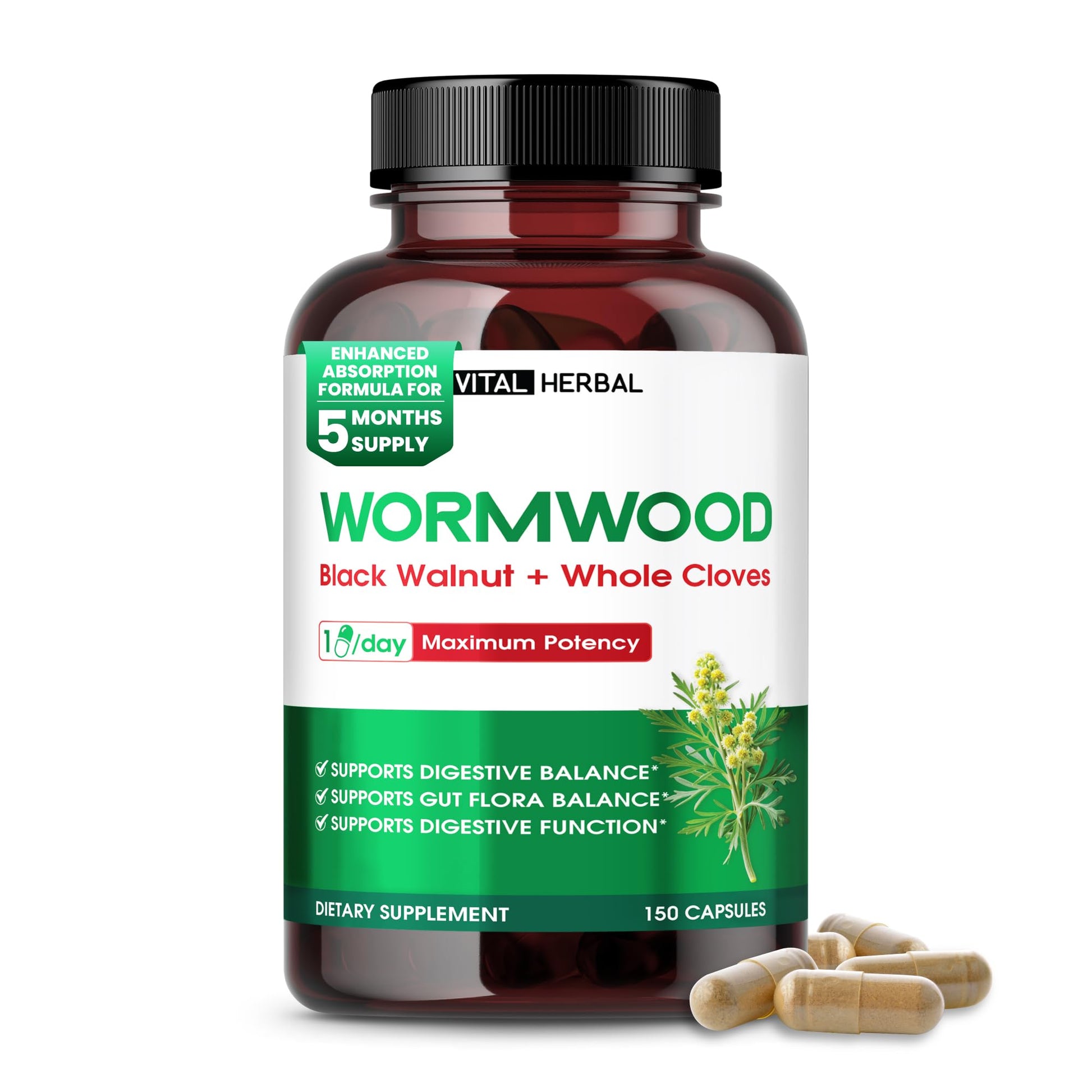 VITAL HERBAL Wormwood with Black Walnut Whole Cloves Ginger Capsules, 150 Capsules