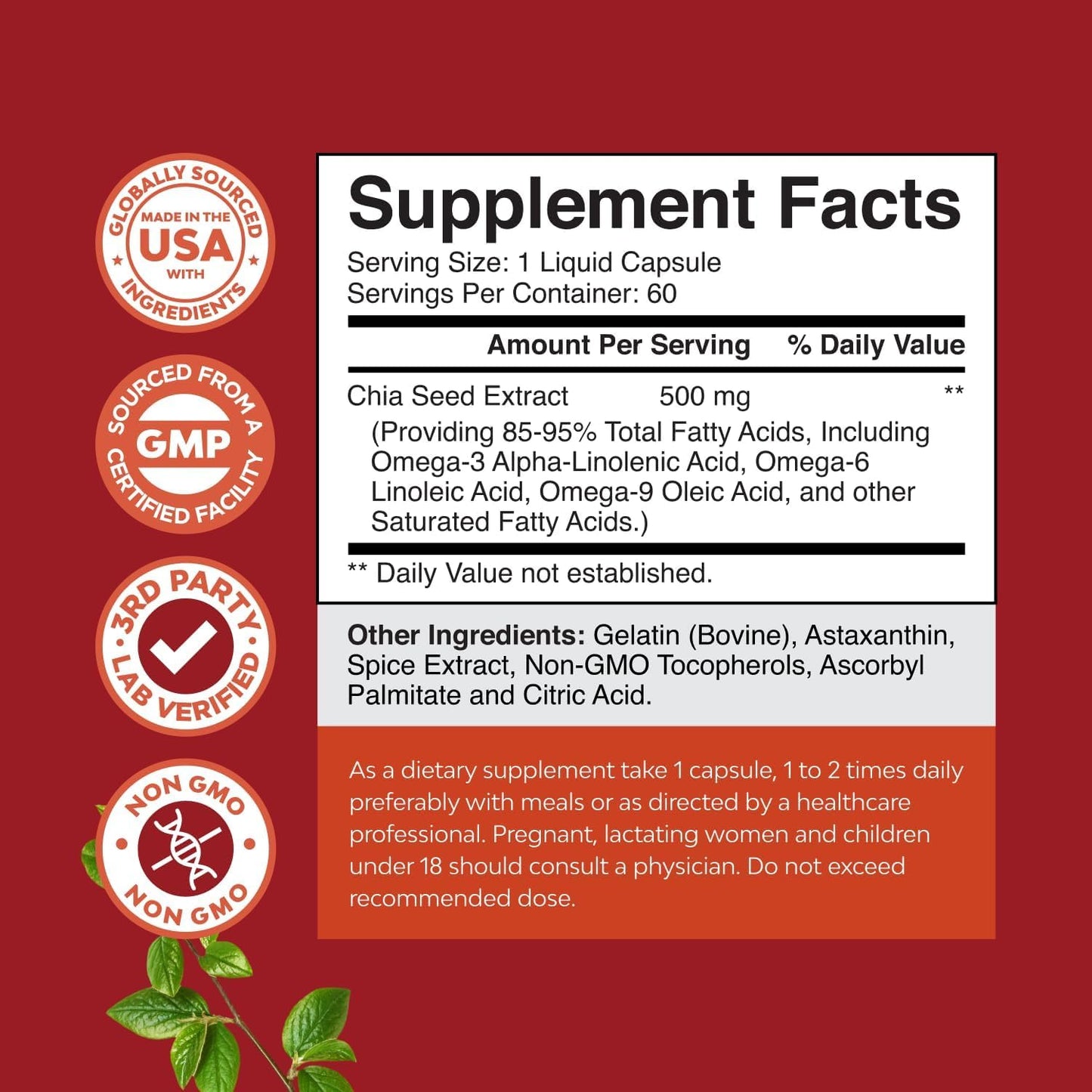 Natures Craft Chia Seed Oil Extract Capsules - Plant Based Omega-3-6-9, Digestive & Immune Support, Heart Health, 60 Count