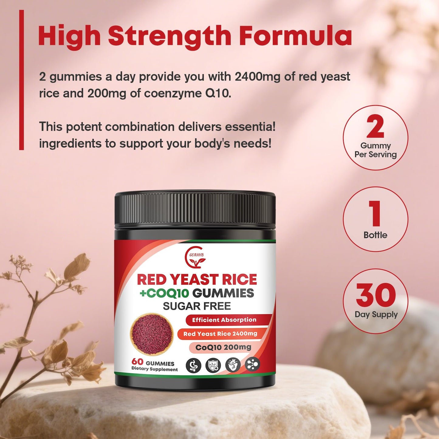 GORNVB Red Yeast Rice with CoQ10 Gummies, Cholesterol & Heart Health Support, 60 Count