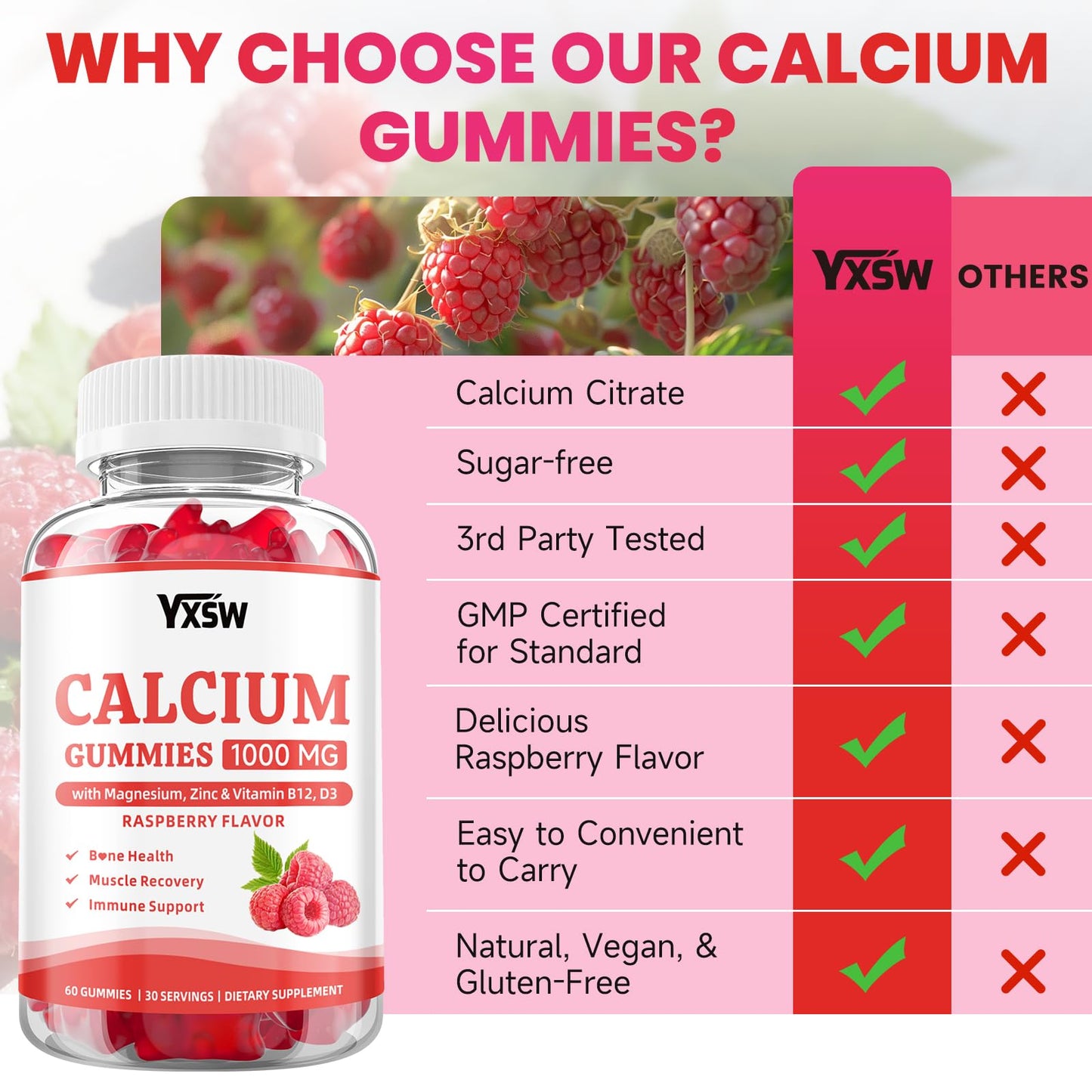 YXSW Calcium Gummies 1000mg with Vitamin D3 K2 & B12 Complex, Gummies, 60 Count