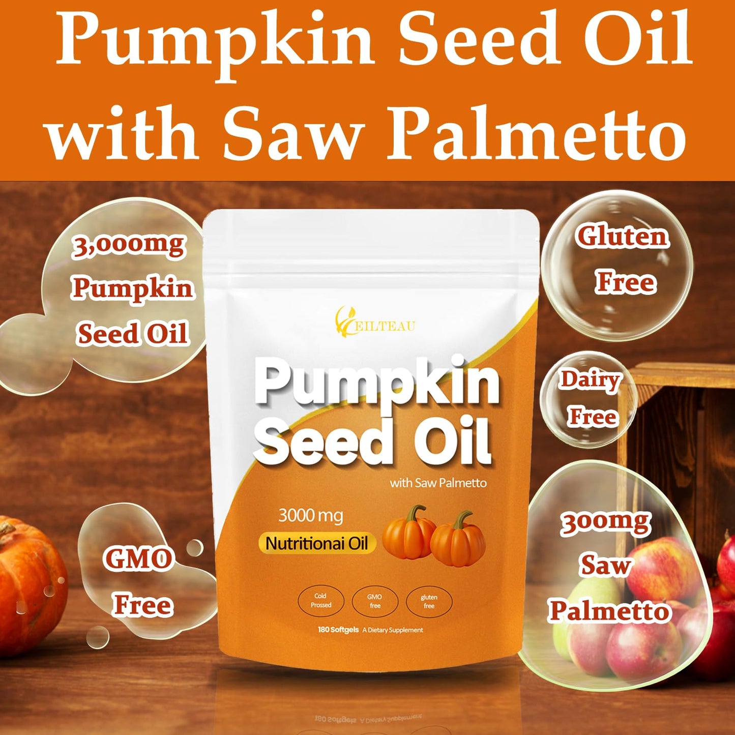 EILTEAU Pumpkin Seed Oil with Saw Palmetto Capsule, 180 Count