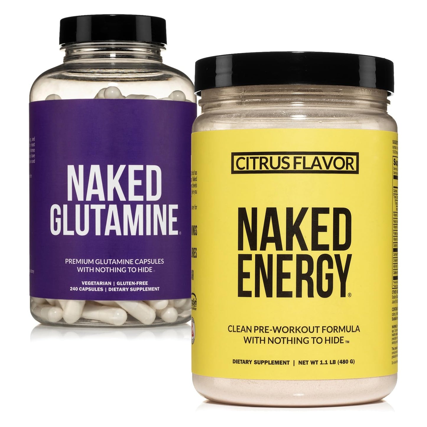 NAKED Vegan Energizing Muscle Recovery Bundle: Naked Citrus Energy and 240 L-Glutamine Capsules, 1000mg