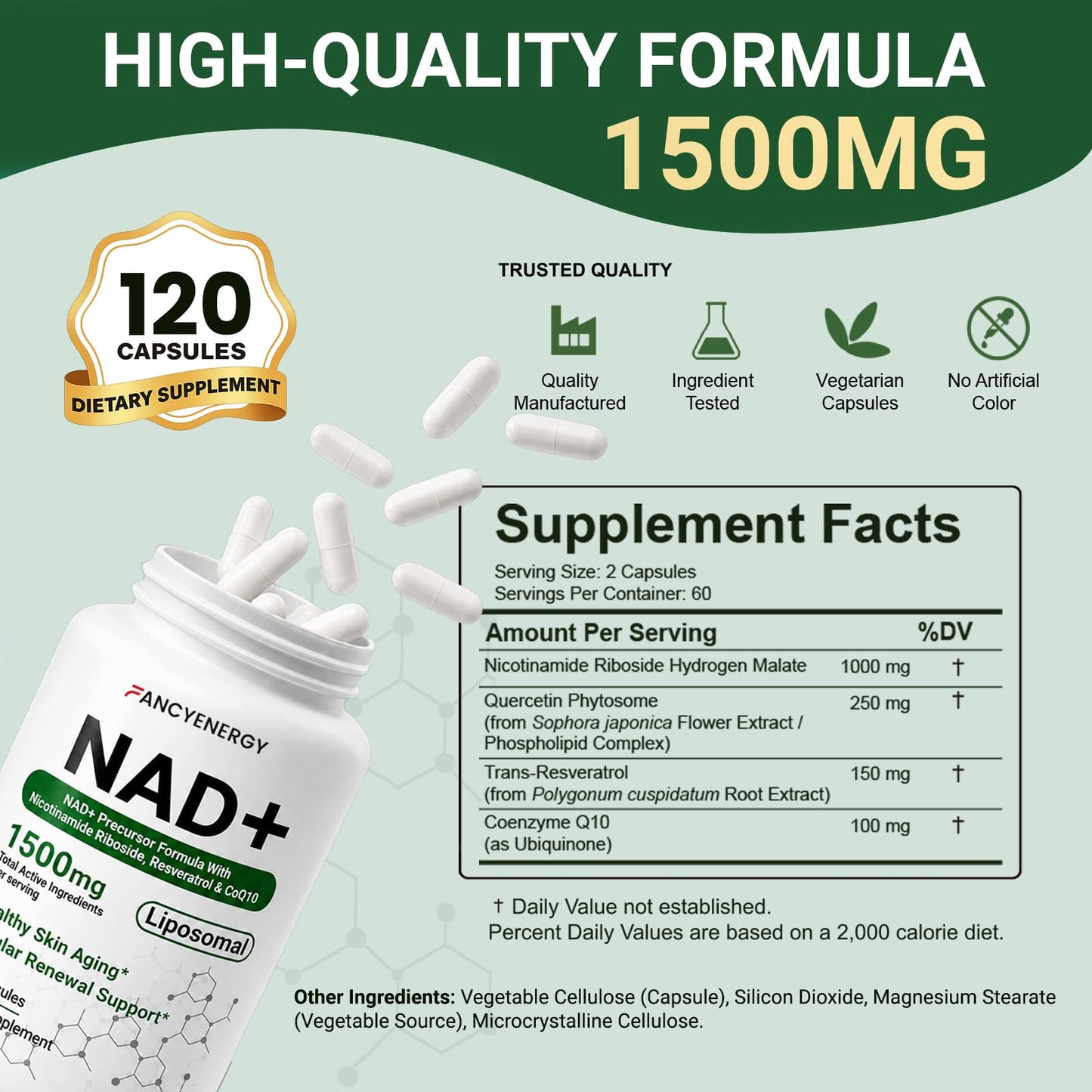 FANCYENERGY NAD+ Supplement Liposomal NAD Nicotinamide Riboside Resveratrol 1500 mg - Anti-Aging & Brain Health, Improve Energy - Specifically for Women and Men, 120 Capsules