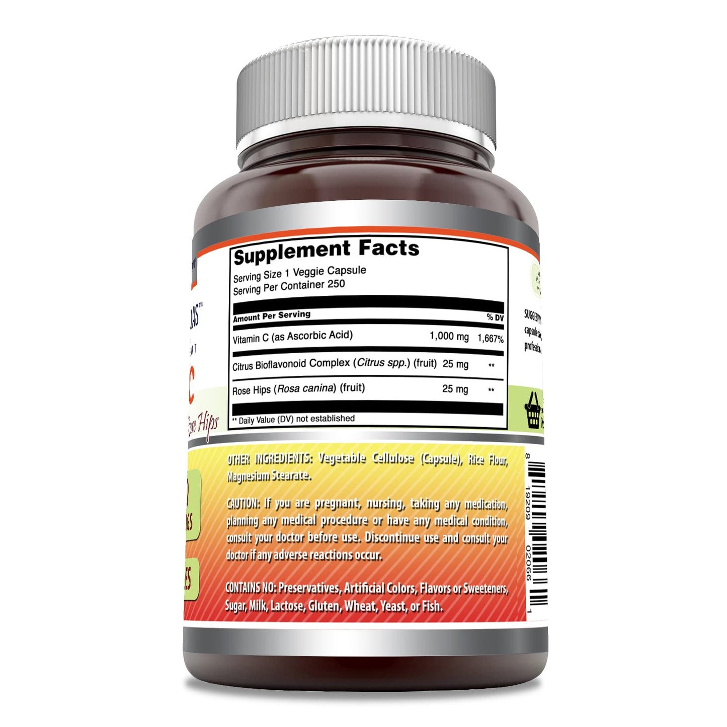 Amazing Nutrition Vitamin C with Rose Hips & Citrus Bioflavonoids, 1000 mg per Serving, 250 Veggie Capsules