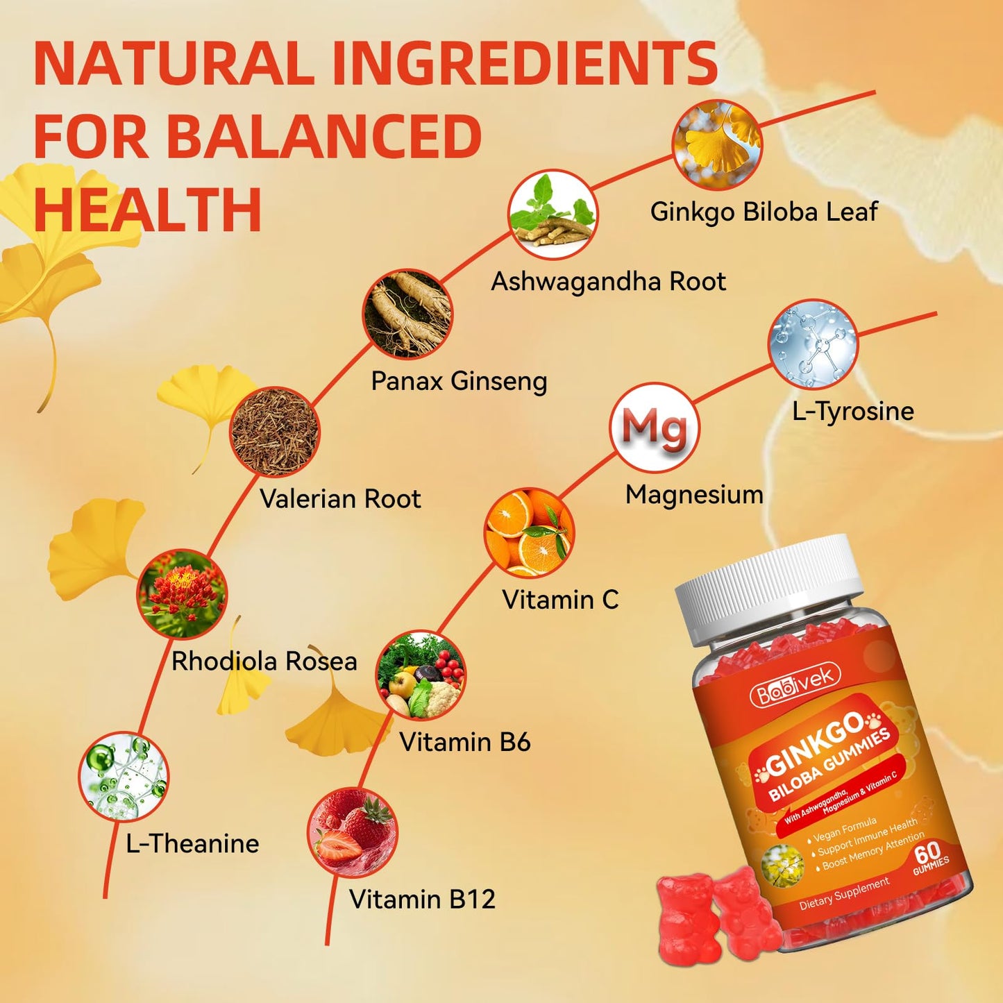 Babivek Ginkgo Biloba Gummies with Ashwagandha, Vitamin C & Magnesium, 120 Count