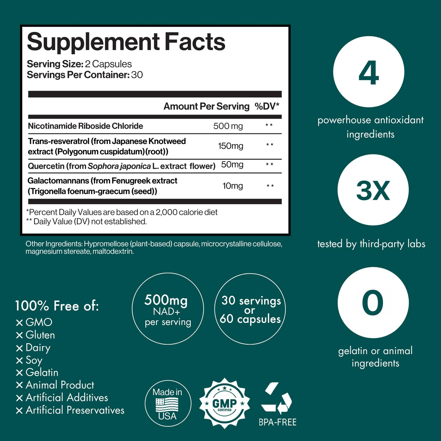 ENSANTÉ Advanced NAD+ Supplement 500mg with Resveratrol, Quercetin, Nicotinamide Riboside NAD Supplement for Women Men for Cellular Longevity, Anti Aging, Cognitive Support Capsule 1 Count