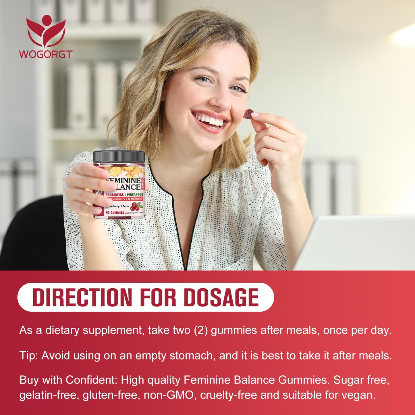 WOGORGT Feminine Balance Gummies for Women - Vaginal Health, pH Balance Support, Pineapple Probiotics with Cranberry Extract and D-Mannose, Sugar Free, Vegan, Cranberry Flavor, 120 Gummies