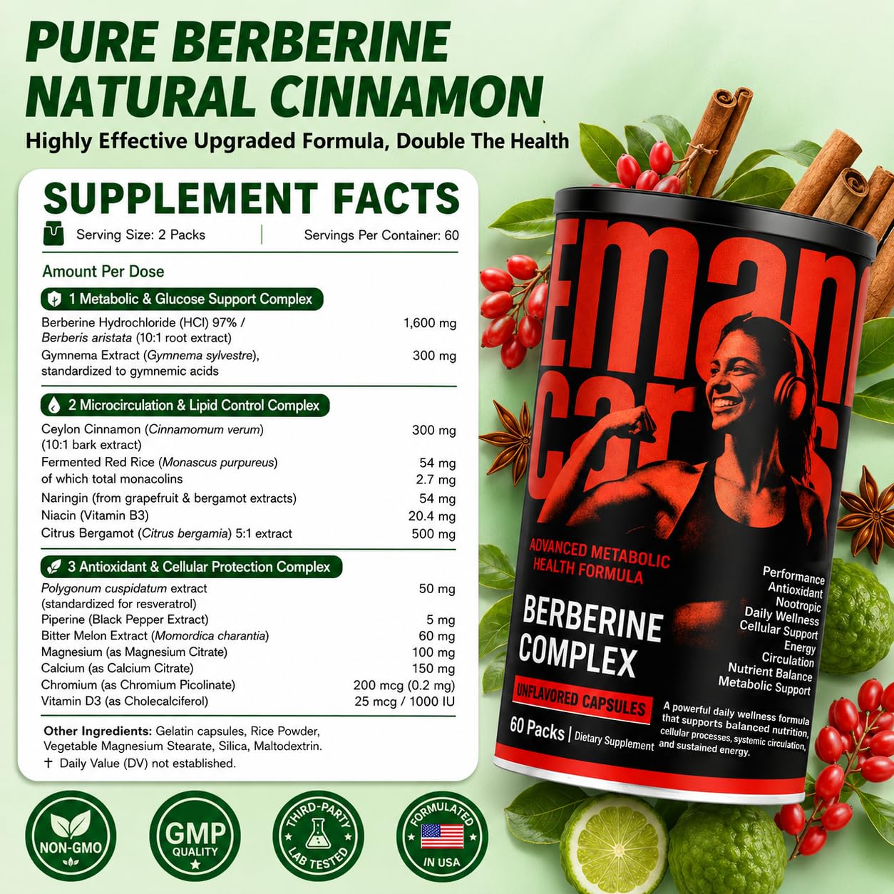 eman cares Berberine Complex 1600mg — 15-Ingredient Metabolic Stack with Ceylon Cinnamon, Citrus Bergamot & Gymnema | carbohydrate metabolism, Cholesterol & Energy Support | 300 Capsules