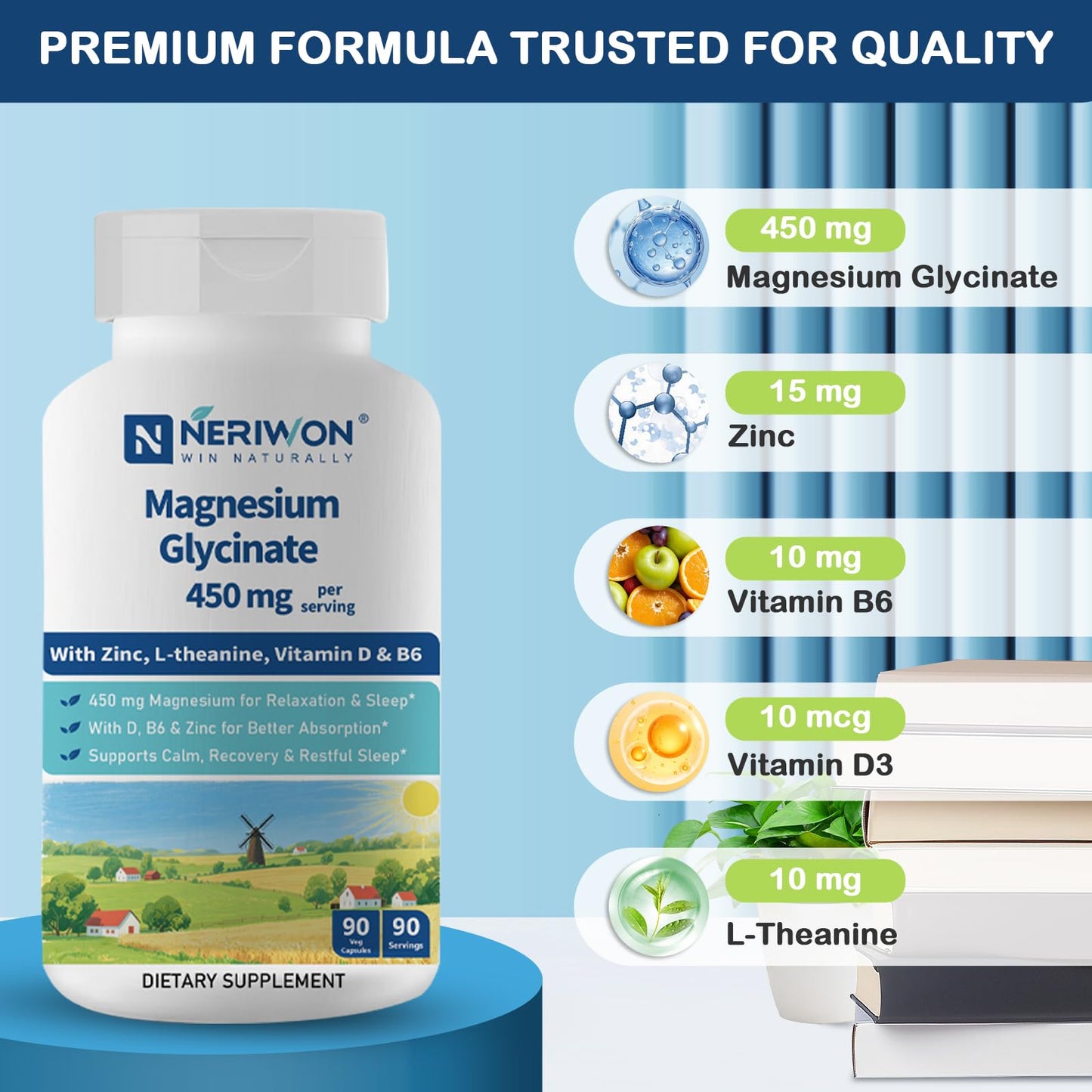 NERIWON High Absorption Magnesium Glycinate 450 mg Capsules, 90 Count