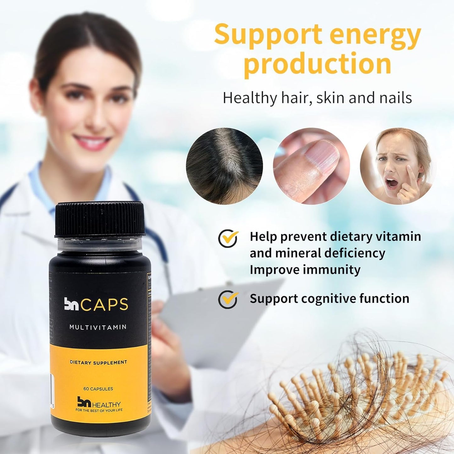 BNHealthy Multivitamin Capsule for Men and Women, 22 Essential Vitamins and Minerals with Iron, B12, D3, Zinc and Biotin, 120 Count