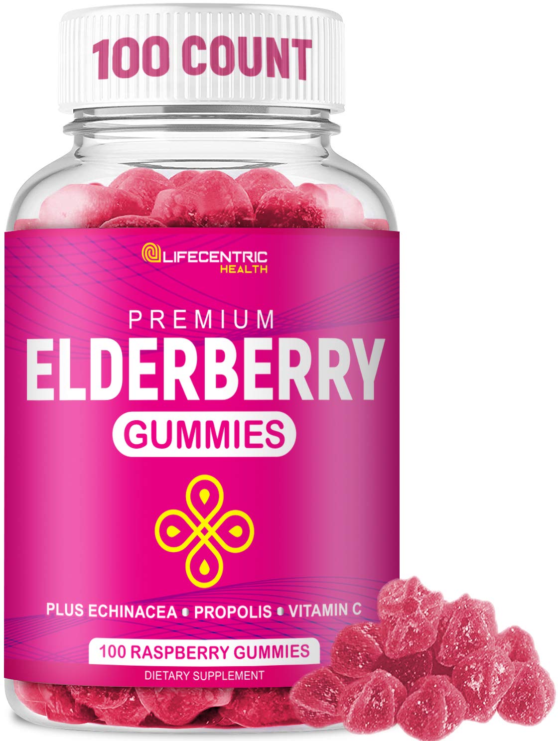LifeCentric Health Elderberry Gummies with Vitamin C, Propolis & Echinacea Raspberry, 100 Gummies