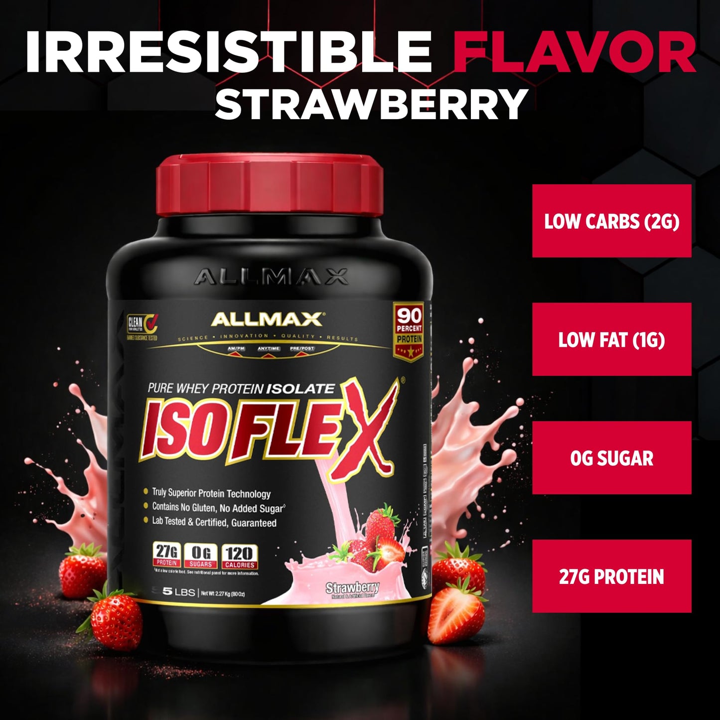ALLMAX ISOFLEX Pure Whey Isolate Protein Powder, 80 Servings, Strawberry, 5 lb
