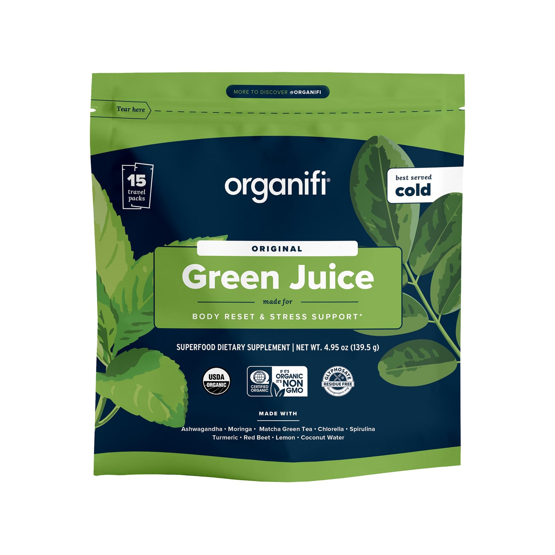 Organifi GO Packs Green Juice Organic Superfood Supplement Powder, 15 Travel Packs