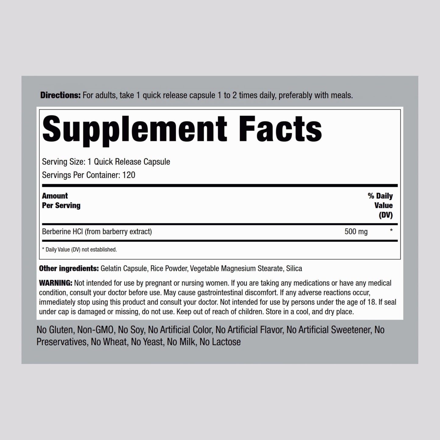 Piping Rock Berberine HCL 500mg Capsules, 120 Count